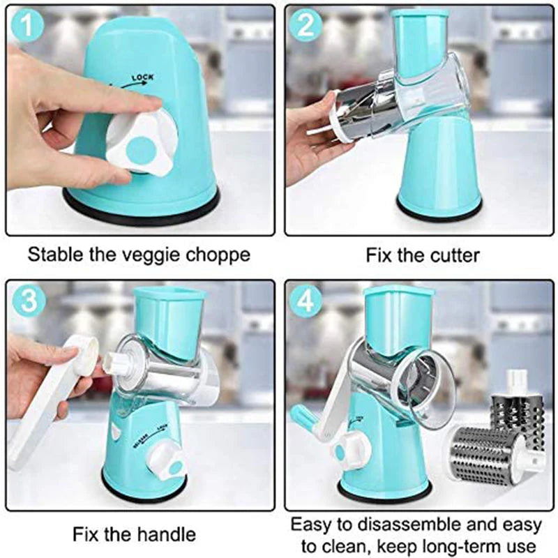 MULTIFUNCTIONAL ROTATING CHEESE GRATER VEGETABLE SLICER 3 INTERCHANGEABLE BLADES EASY CLEAN