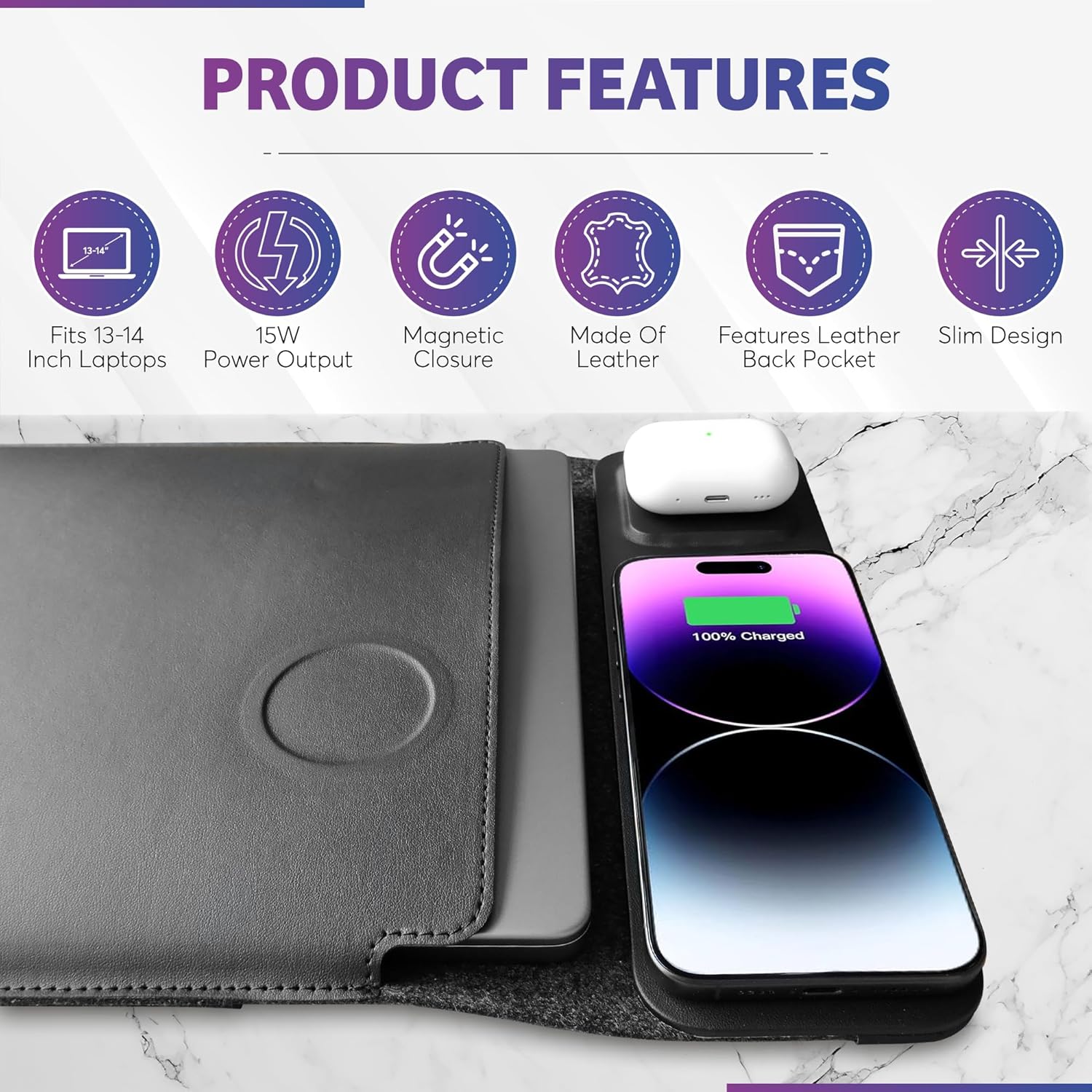 4-in-1 Laptop Sleeve with Wireless Charging - Desktop Charging Mat for Laptop - 13/14 inch - Compatible with MagSafe