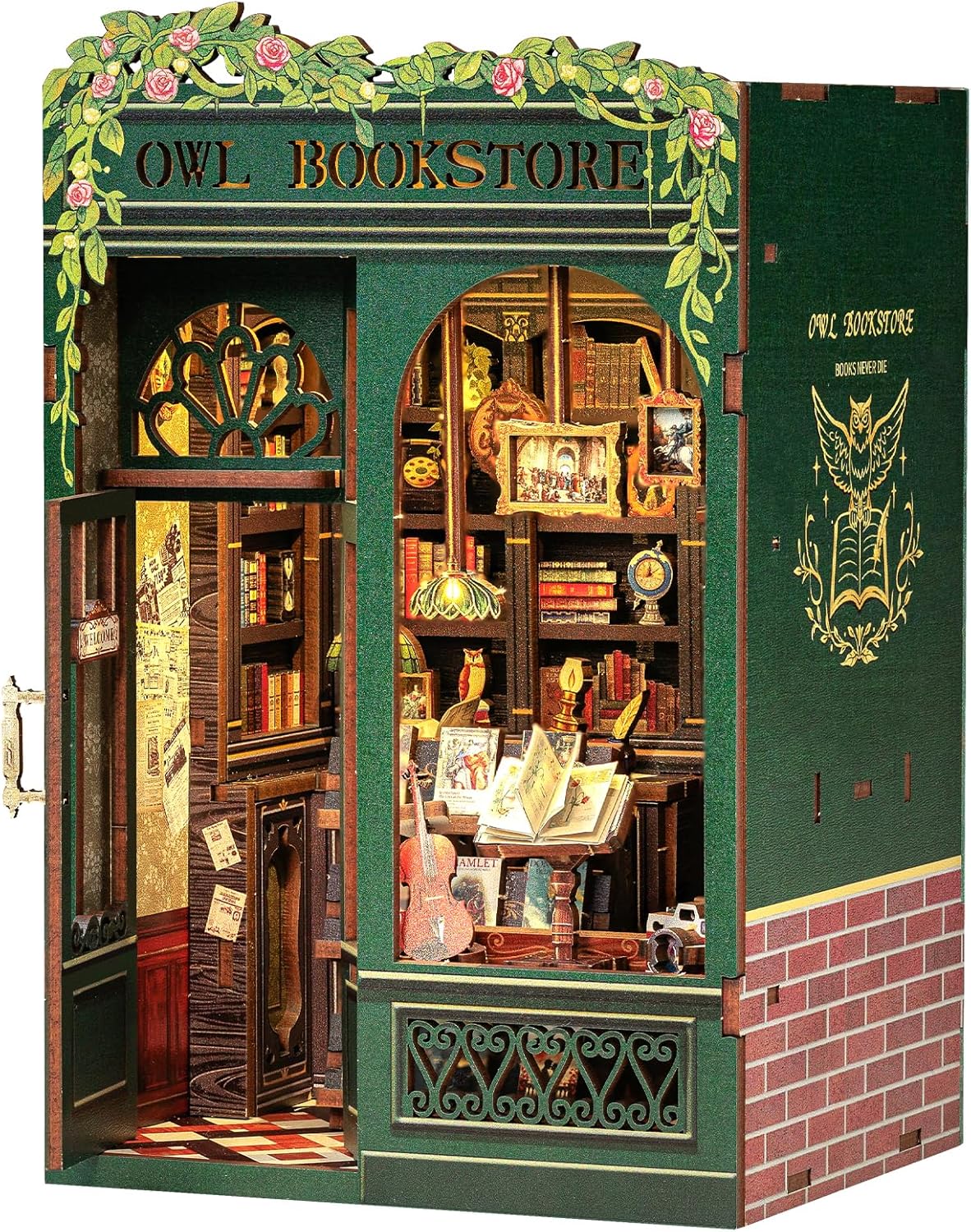 Owl Bookstore Book Nook Kit – DIY Miniature Bookshelf Insert with Lights