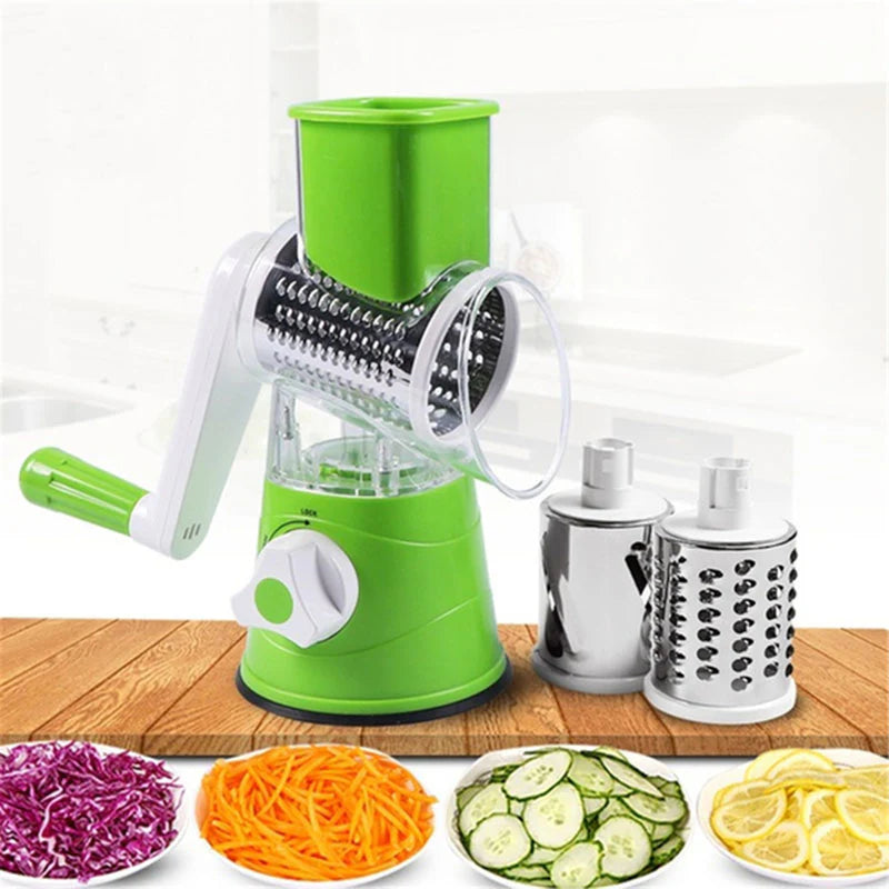 MULTIFUNCTIONAL ROTATING CHEESE GRATER VEGETABLE SLICER 3 INTERCHANGEABLE BLADES EASY CLEAN