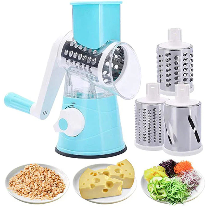 MULTIFUNCTIONAL ROTATING CHEESE GRATER VEGETABLE SLICER 3 INTERCHANGEABLE BLADES EASY CLEAN